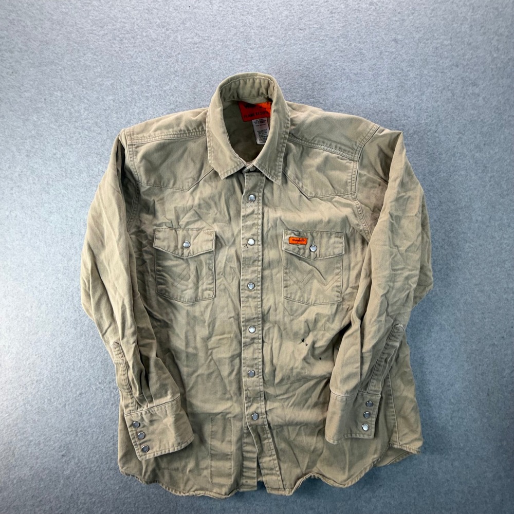 Wrangler FR Flame Resistant Western Pearl Snap Work Shirt Tan Khaki L 10FR12140